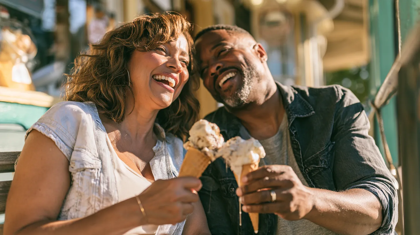 Couple sharing ice cream cones on a bench outside a scoop shop, a calm moment for a household budgeting a $1,000 loan