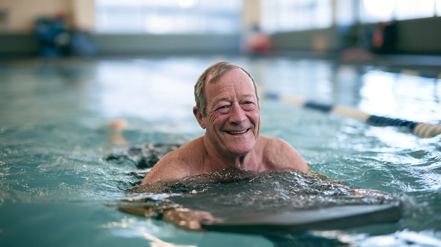 Man gliding with a kickboard across an indoor lap pool, steady progress like paying down a $2,000 loan one month at a time