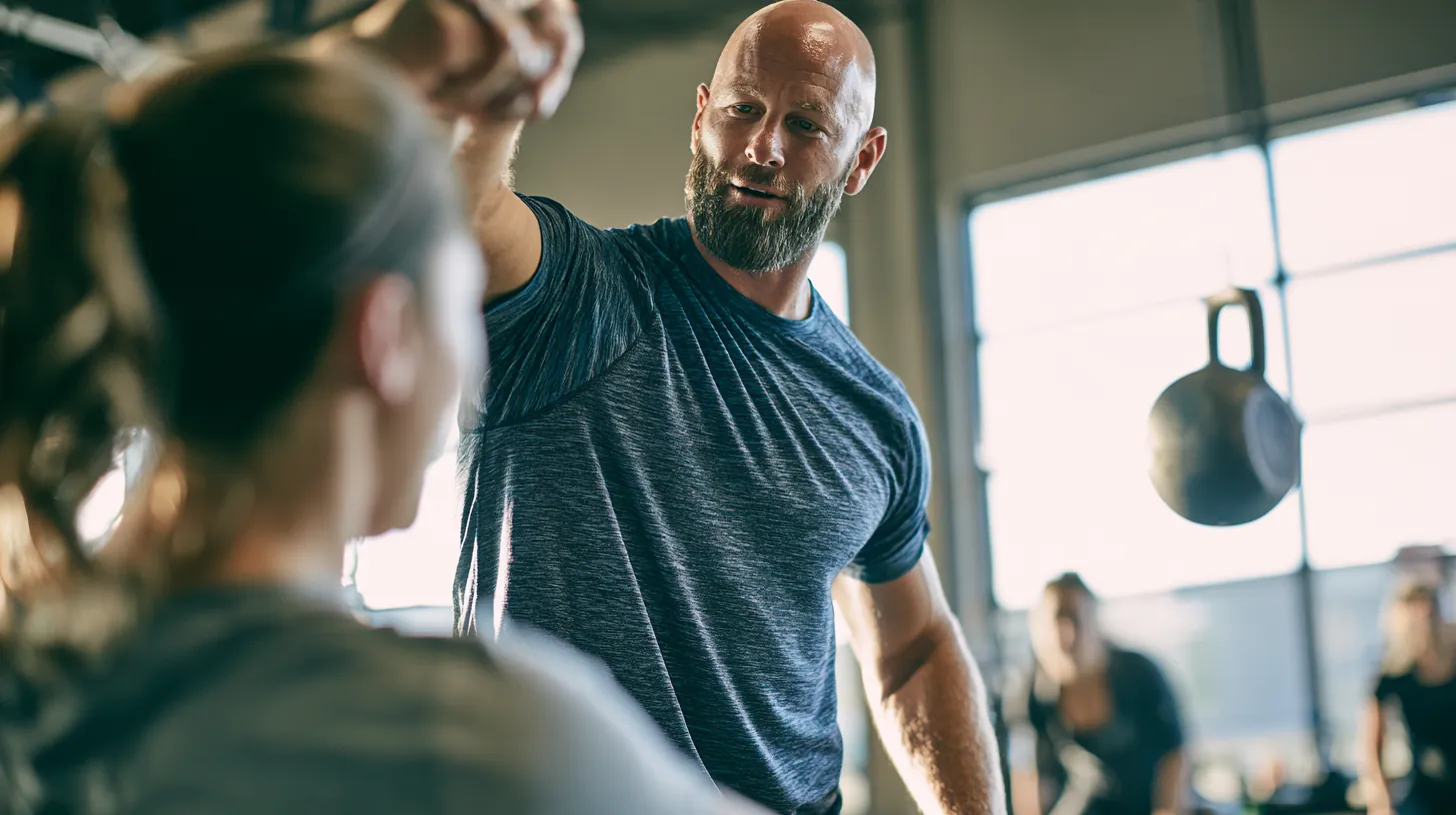 Fitness coach spotting a woman through a kettlebell swing, steady support while she works through a $2,500 loan plan