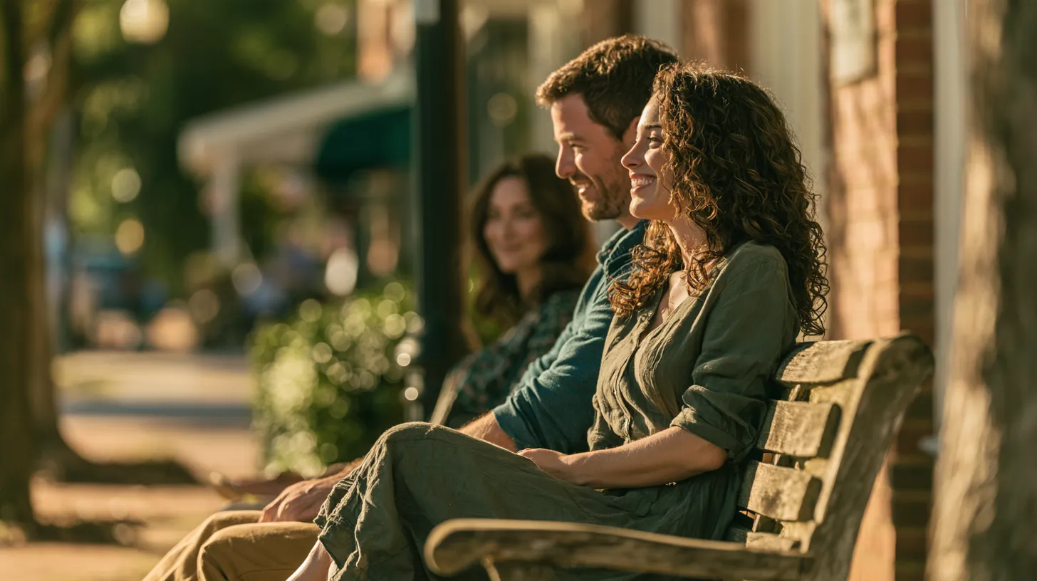 Man and woman sharing a park bench outside a small-town post office, talking through whether a $3,000 loan fits their budget