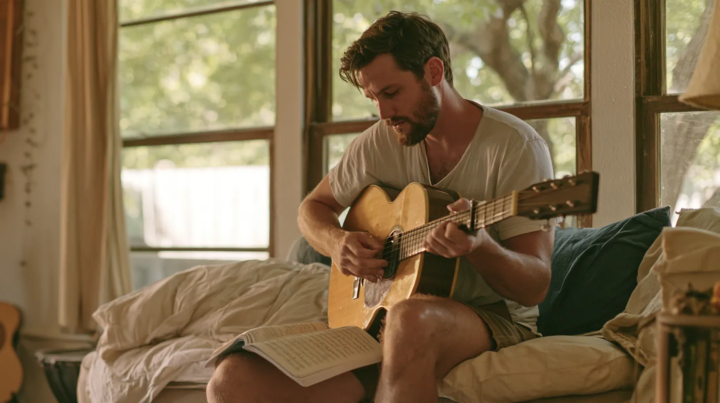 Man on a sofa practicing chords on an acoustic guitar at home, relaxed after planning a $4,000 loan he can repay