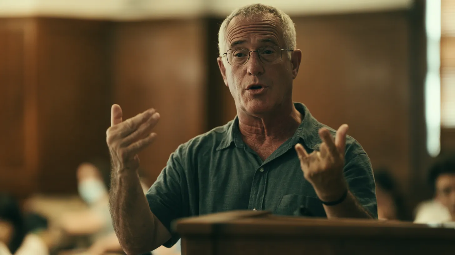 Man interpreting in sign language beside a podium at a town hall meeting, an everyday worker who might weigh a $500 loan for a surprise bill