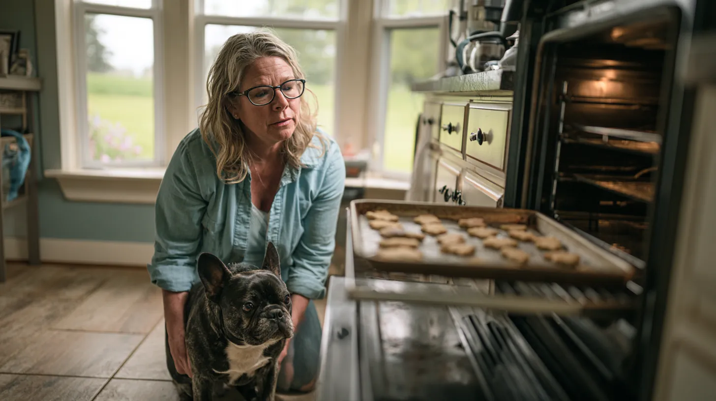 A woman lifts a tray of homemade dog treats from the oven while her French bulldog watches, an everyday home budget moment for readers of amicus lending