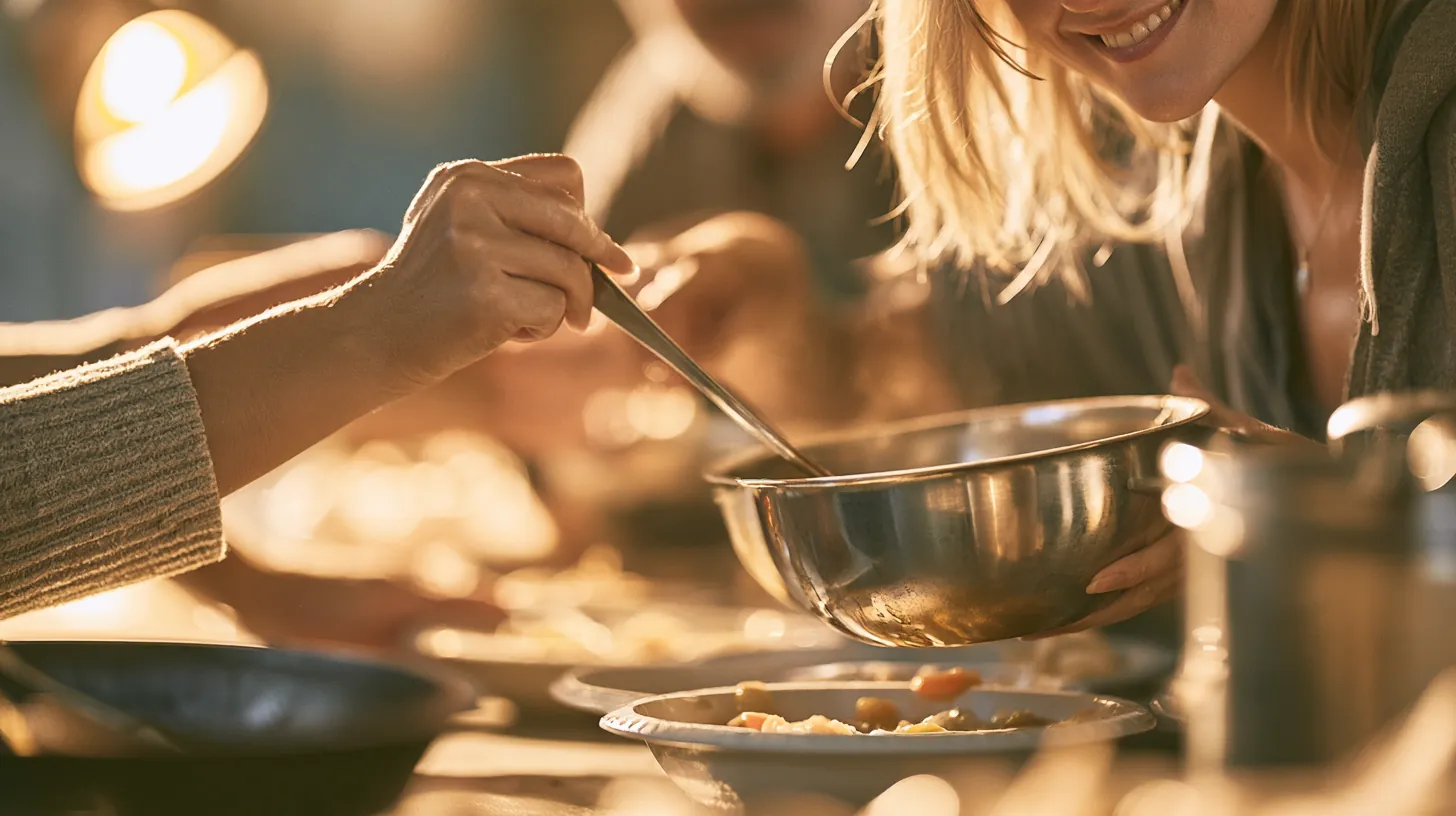 Two people volunteering at a soup kitchen, ladling stew for neighbors, a scene of everyday generosity beside the amicus lending request form