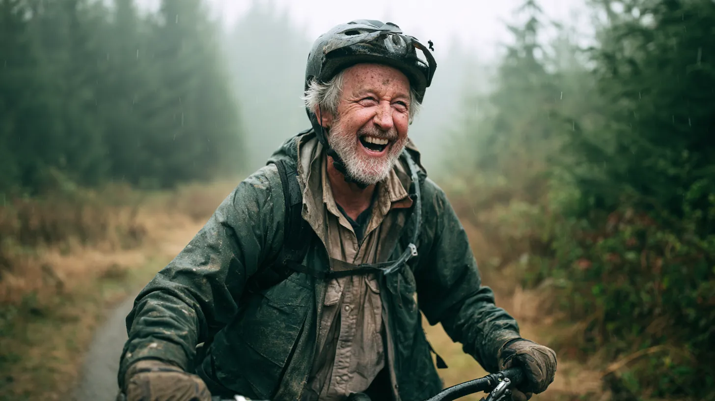 Amicus lending blog reader pausing a mountain bike at the top of a dirt trail, grinning