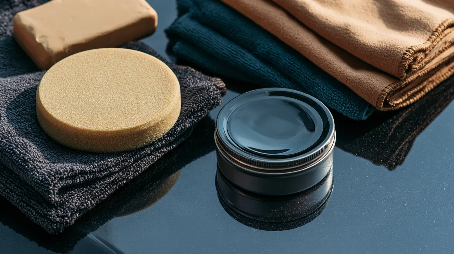 Overhead flat lay of a car wax applicator, paste wax, a clay bar and microfiber towels, a weekend car-care cost some readers of amicus lending plan for