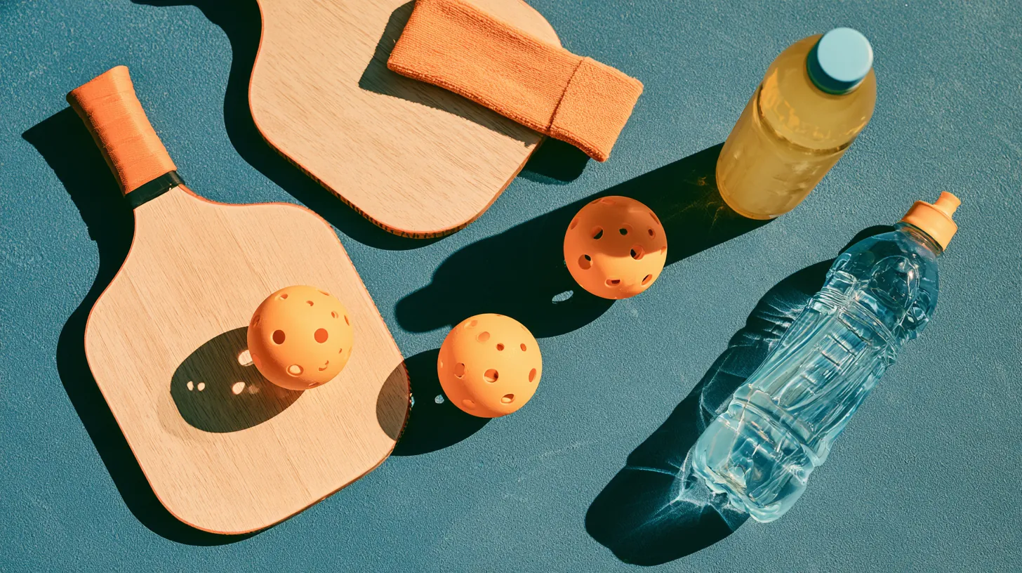 Overhead flat lay of two pickleball paddles, balls, sweatband and drink bottle on a blue court for an amicus lending eligibility guide
