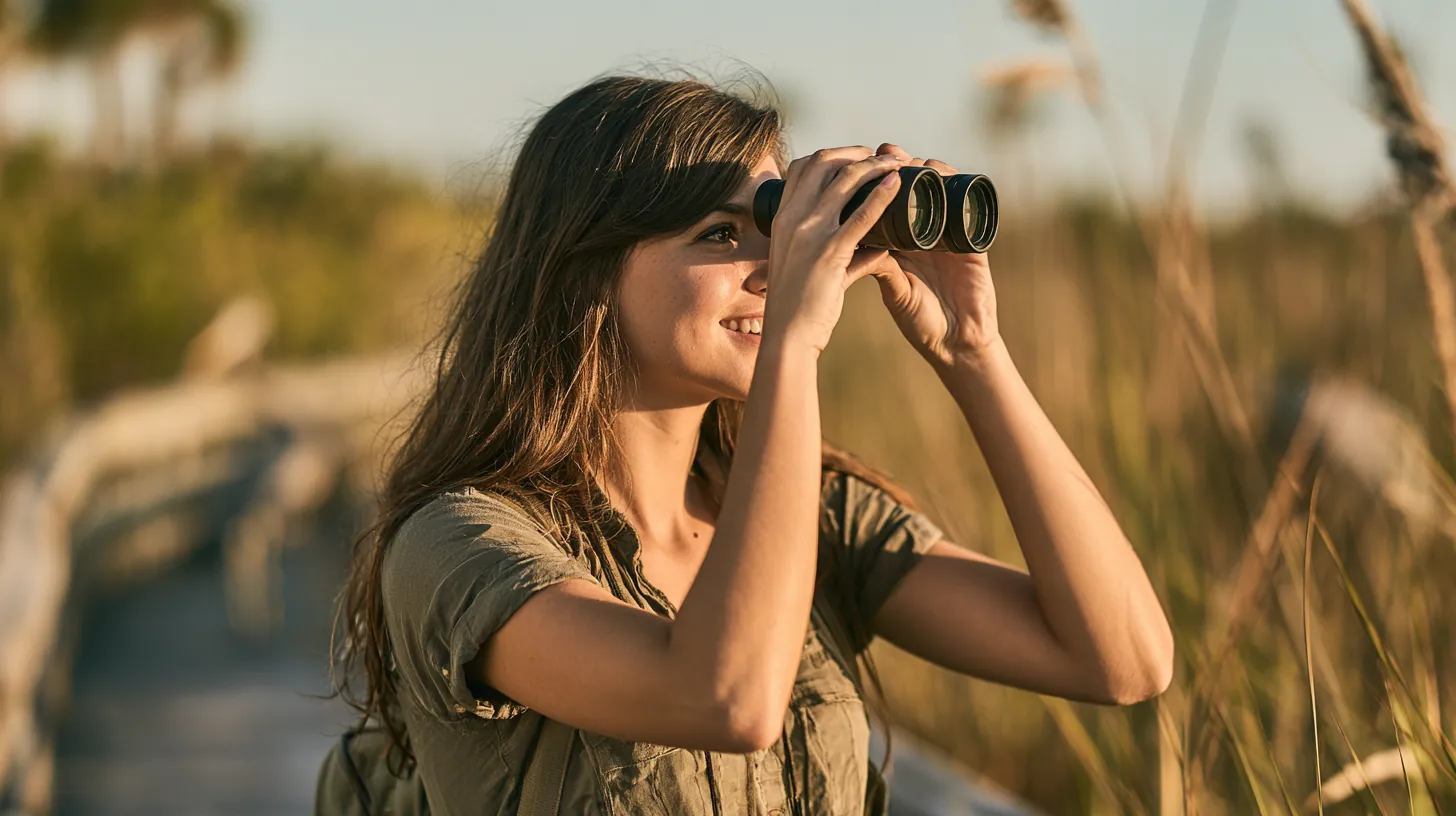 Woman on a marsh boardwalk lifting binoculars toward a heron, looking ahead like a reader checking amicus lending answers