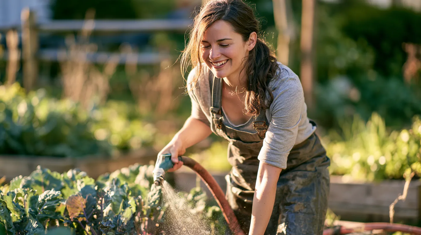 Woman watering raised kale beds with a hose wand at a community garden, tending basics like an amicus lending glossary