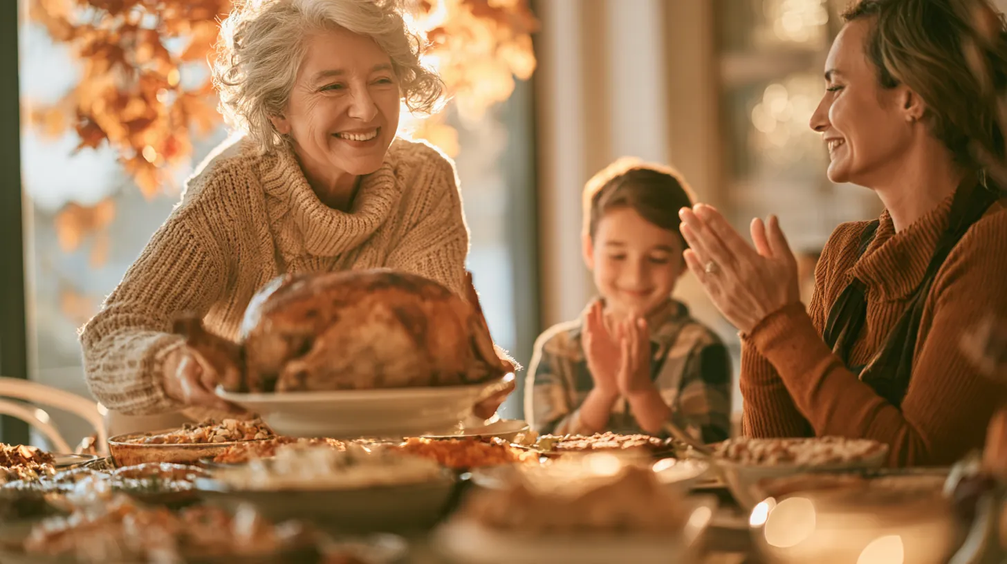 Woman carries a roasted turkey to a full holiday table as a boy claps beside another woman, a hosting cost some families plan with amicus lending