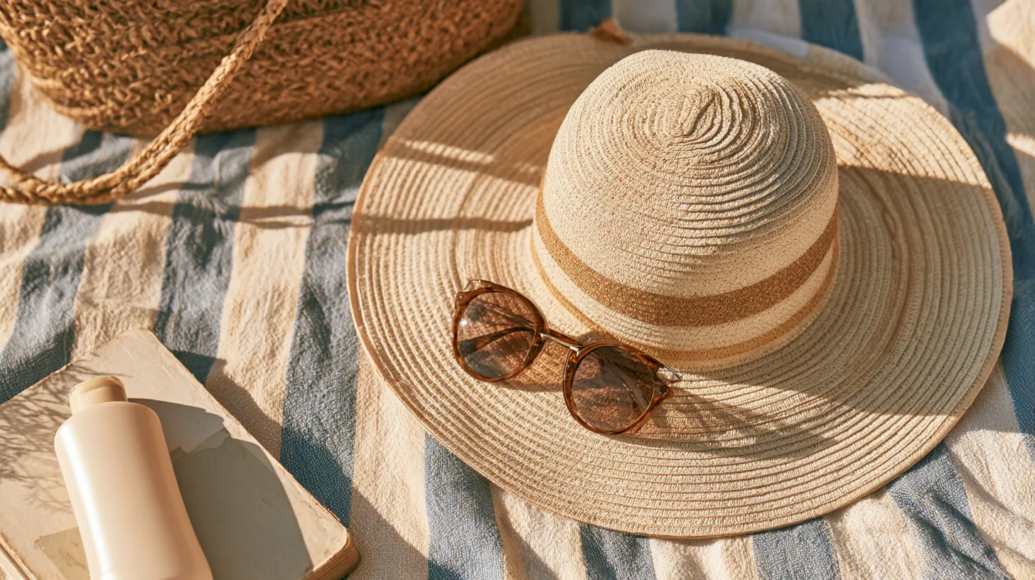 Overhead flat lay of sunglasses, a straw hat, sunscreen and a beach tote, the kind of planned summer cost people weigh when they research amicus lending