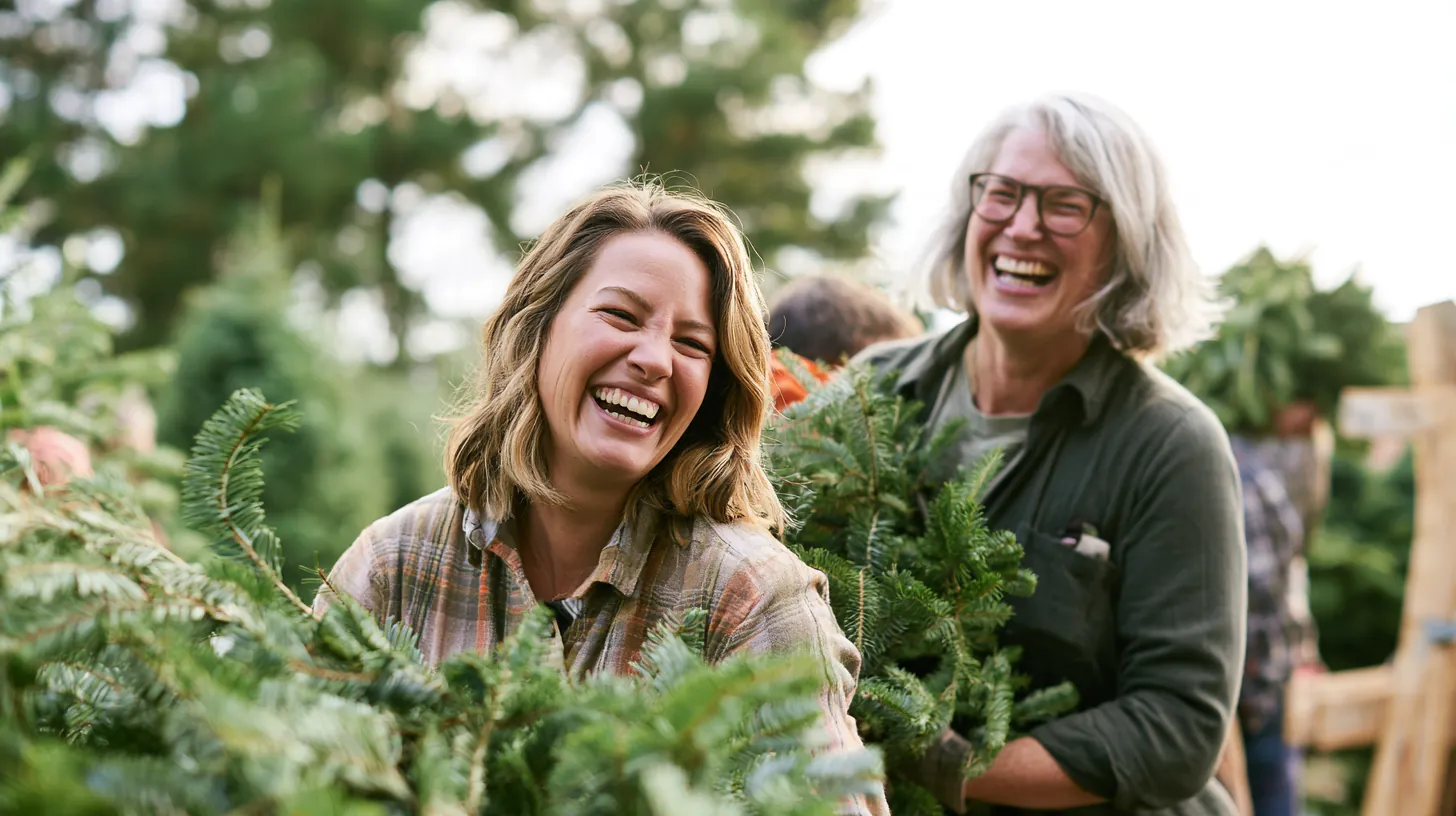 Two women laugh as they carry a freshly cut fir tree out of a tree lot, a seasonal cost to plan before comparing amicus lending options