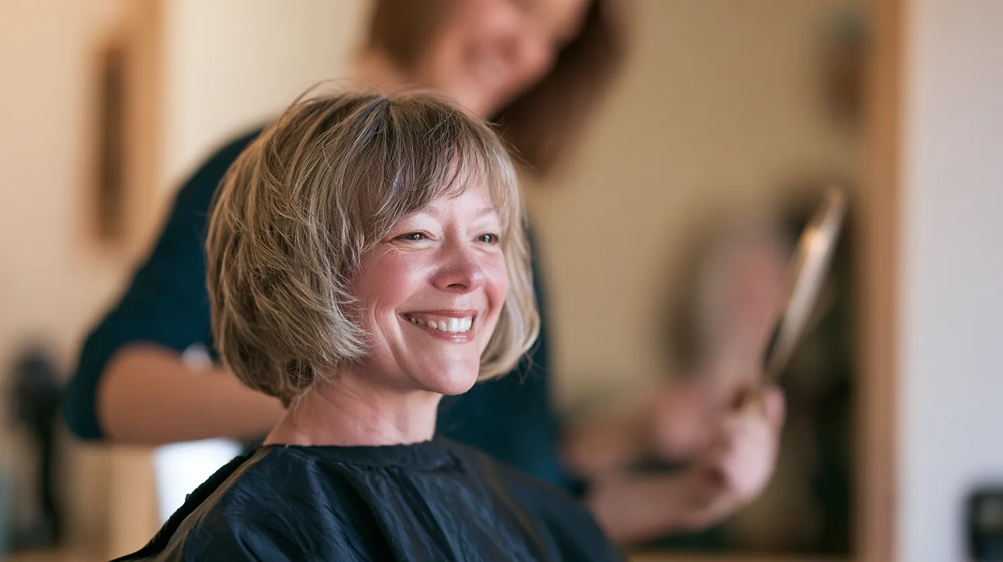Hairstylist holds up a hand mirror so a client can check a fresh haircut before a job interview, a cost people often cover with amicus lending personal loans