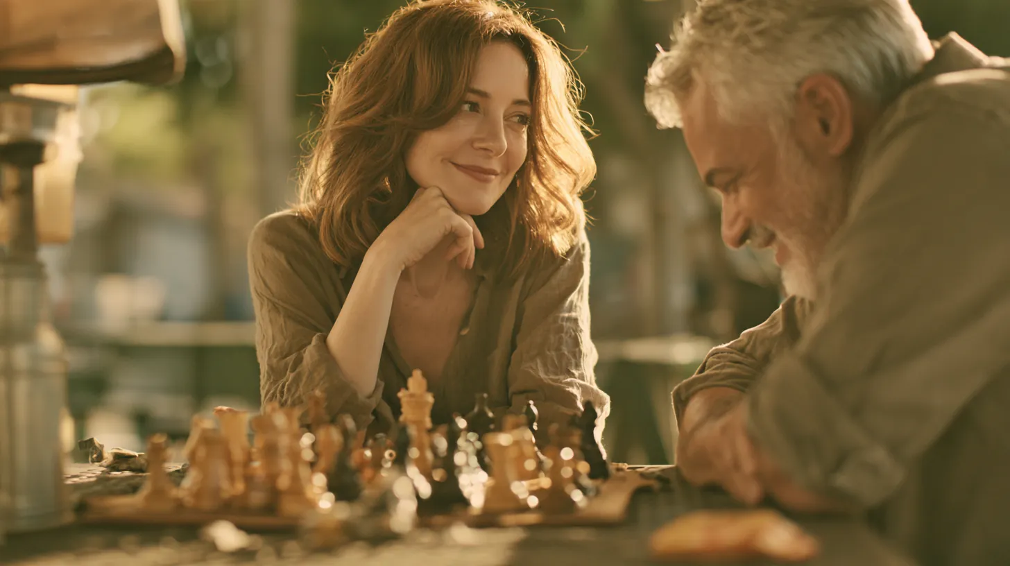 A woman and a man playing chess at a park table on a calm afternoon, a quiet moment far from the paperwork of an amicus lending request