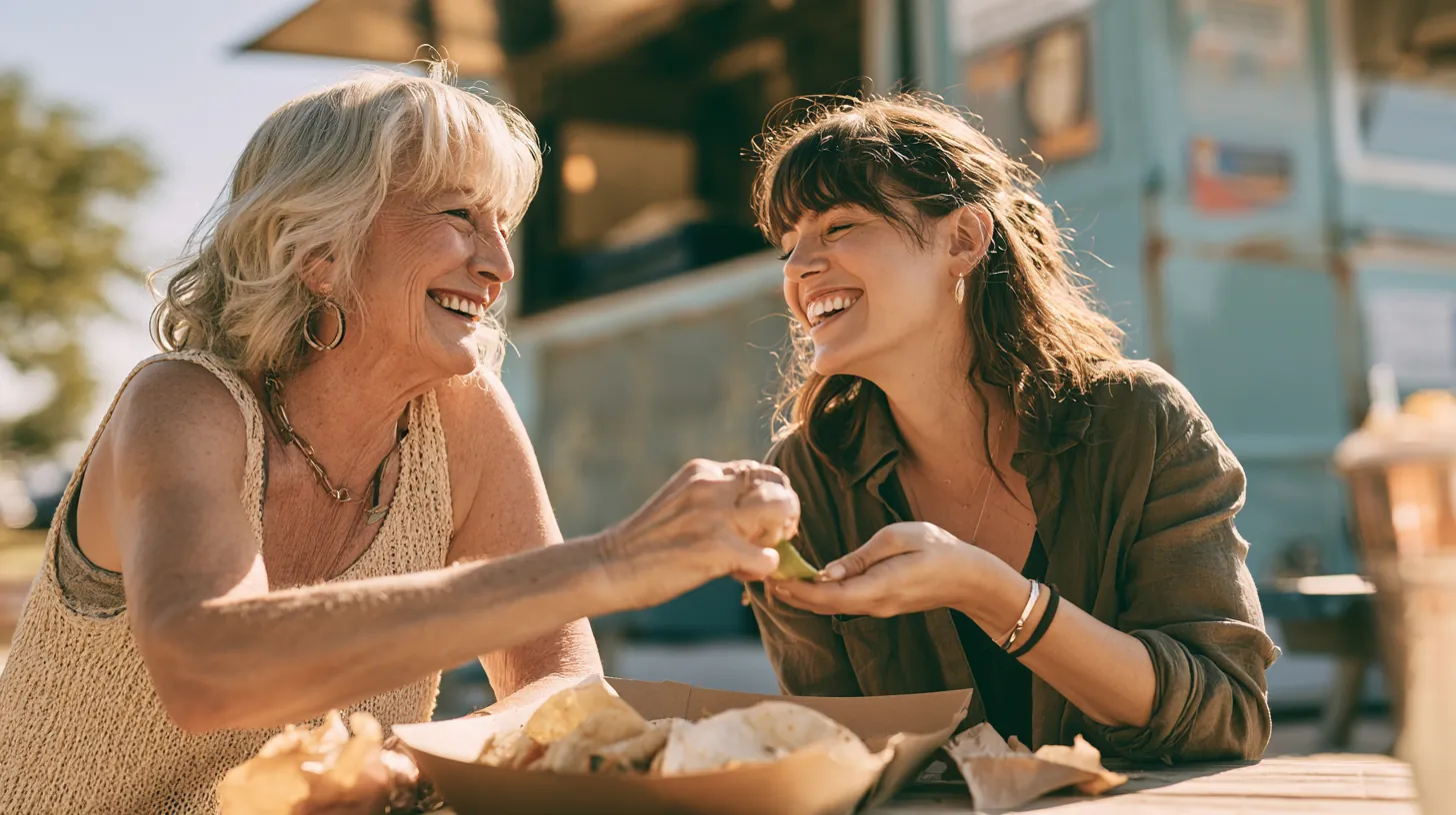 Two women sharing tacos at a picnic table beside a food truck, budgeting with amicus lending rate estimates