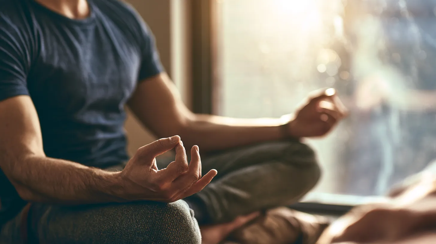 A man meditating cross-legged on a cushion beside a bedroom window, calm after reading amicus lending reviews from other borrowers