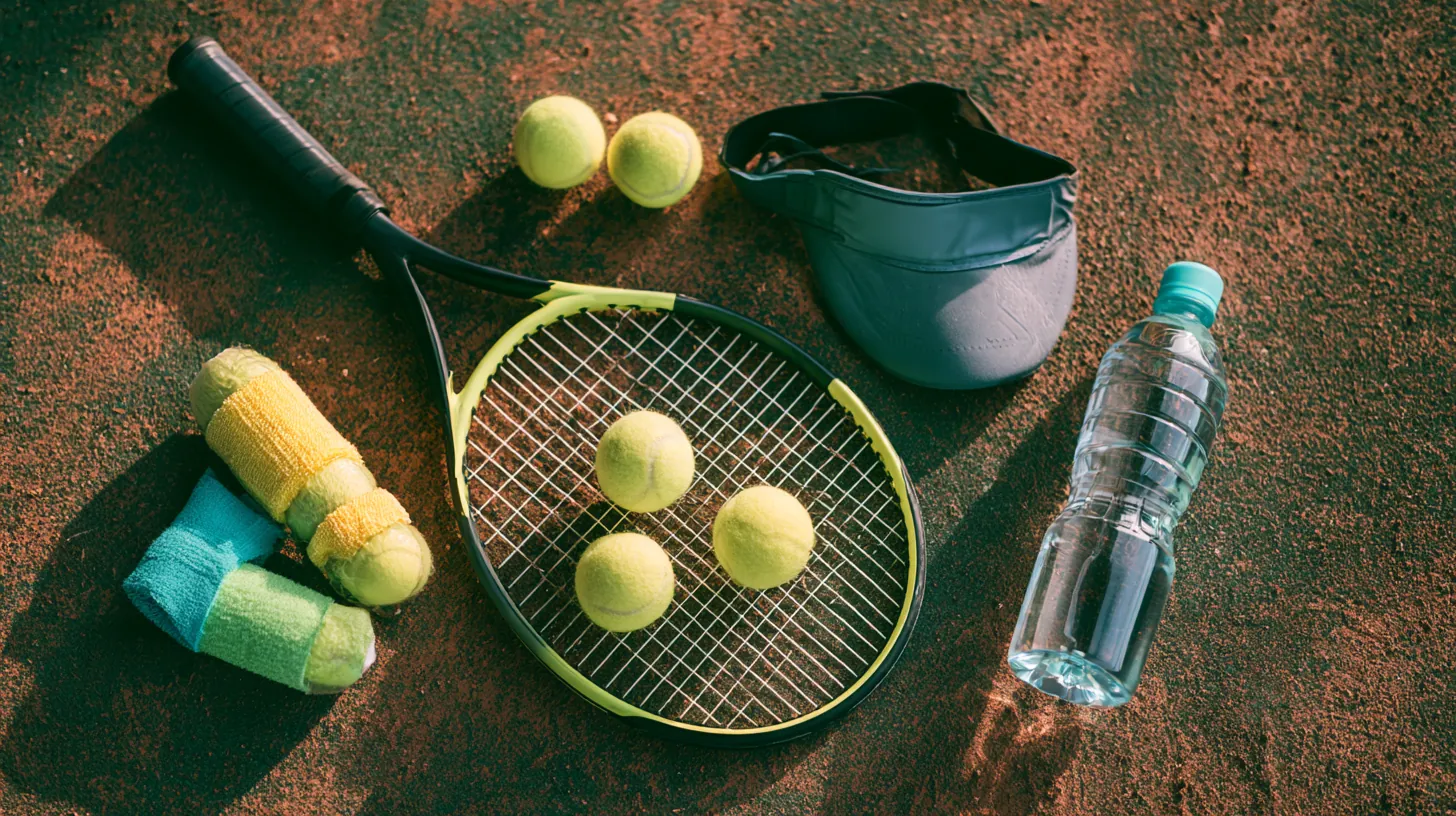 Overhead flat lay of a tennis racket, balls, wristbands and a water bottle on a hard court