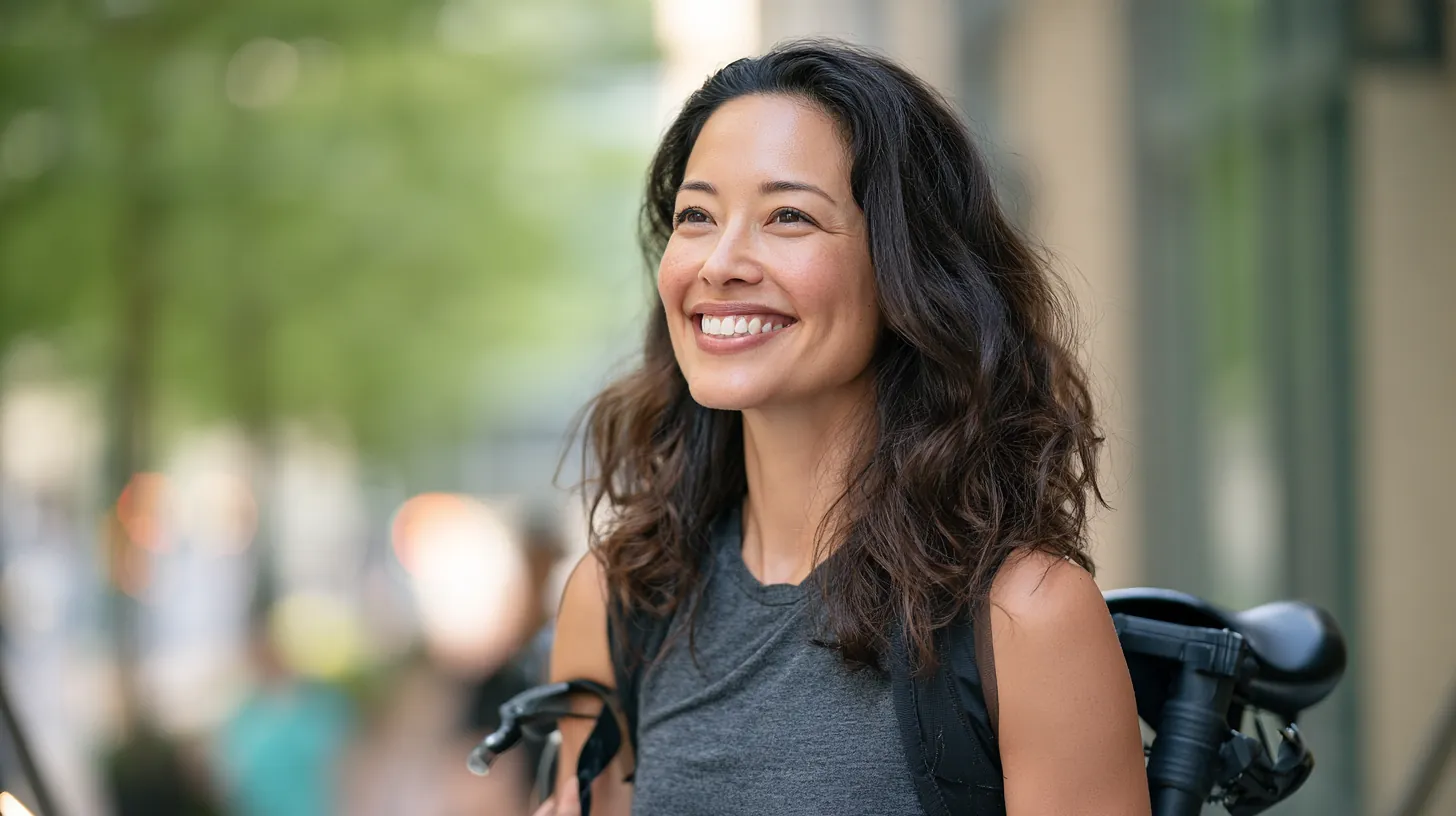 Smiling woman holding a folding scooter on a city sidewalk during her commute, an everyday scene for readers who look up amicus lending terms