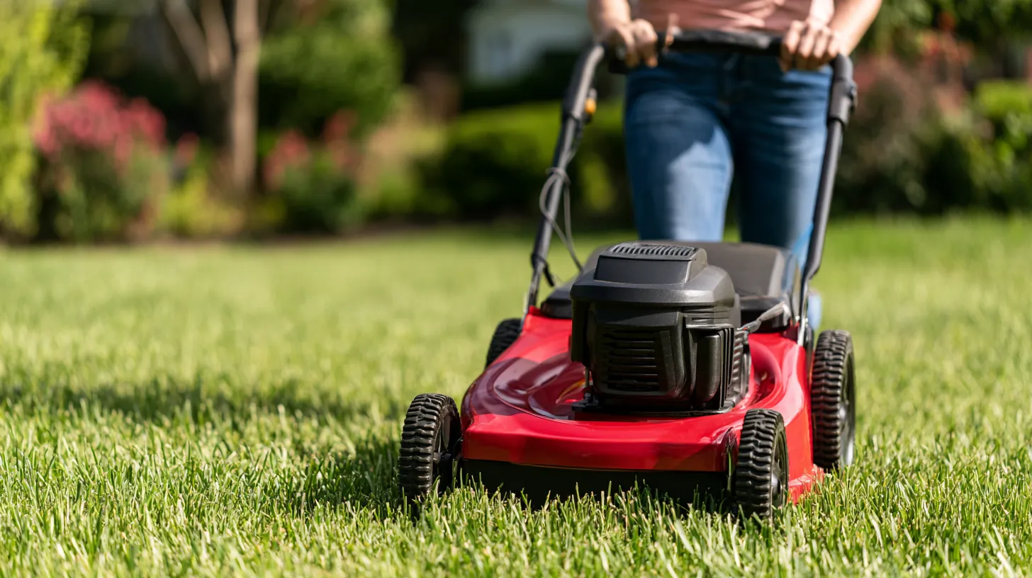 Woman pushing a new battery-powered lawn mower across a front yard after checking amicus lending fee details